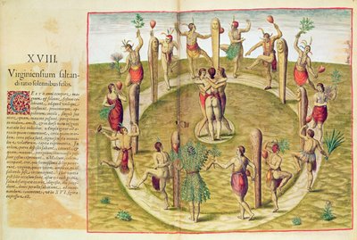 Admiranta Narratio, het Virginische rituele dans van vriendschap (pagina 85), 1585-88 door Theodore de Bry